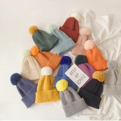 Winter Warm Hat for Baby Boy Girl Korean Fashion Candy Color Fleece Knitting Hat with Plush Ball Beanie Cap for 1-4 Year Kids