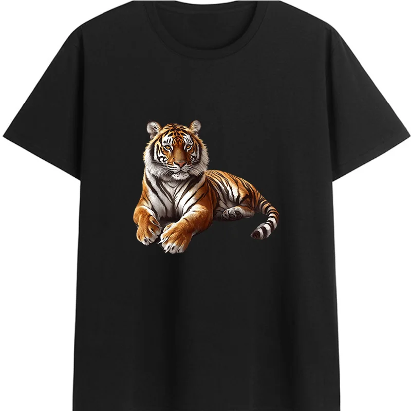 Cotton100% Men Realistic Lying Tiger Graphic T‑Shirt Wild Animal Print Short Sleeve O‑Neck Casual Streetwear Loose Fashion Tee