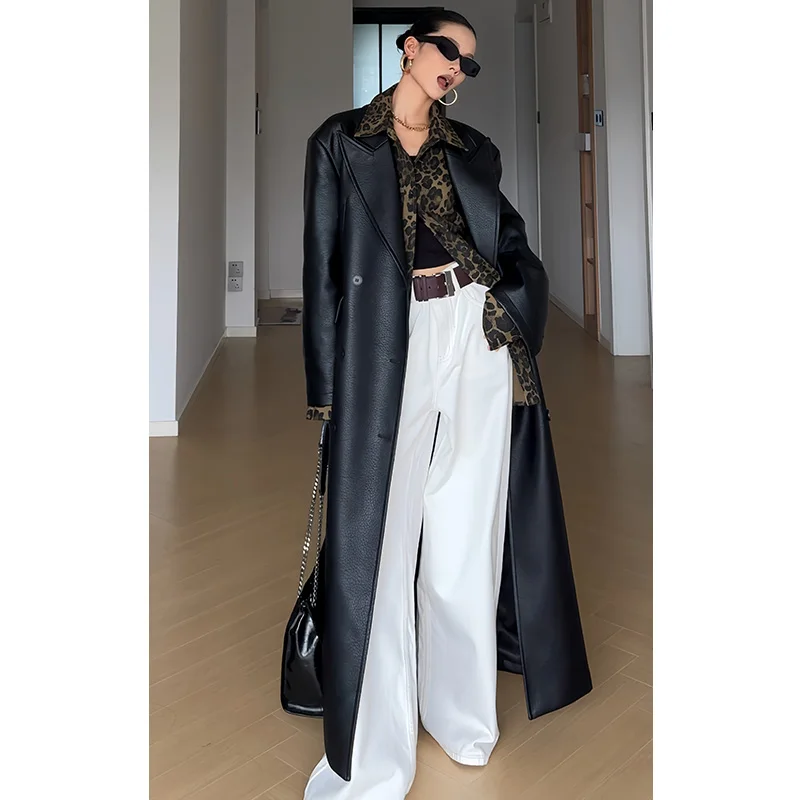 Cizzlemore Long Leather Coat Women Faionable Heavy Texture Gun Ne Long Coat Street Sle Autumn Season High Quali Leather