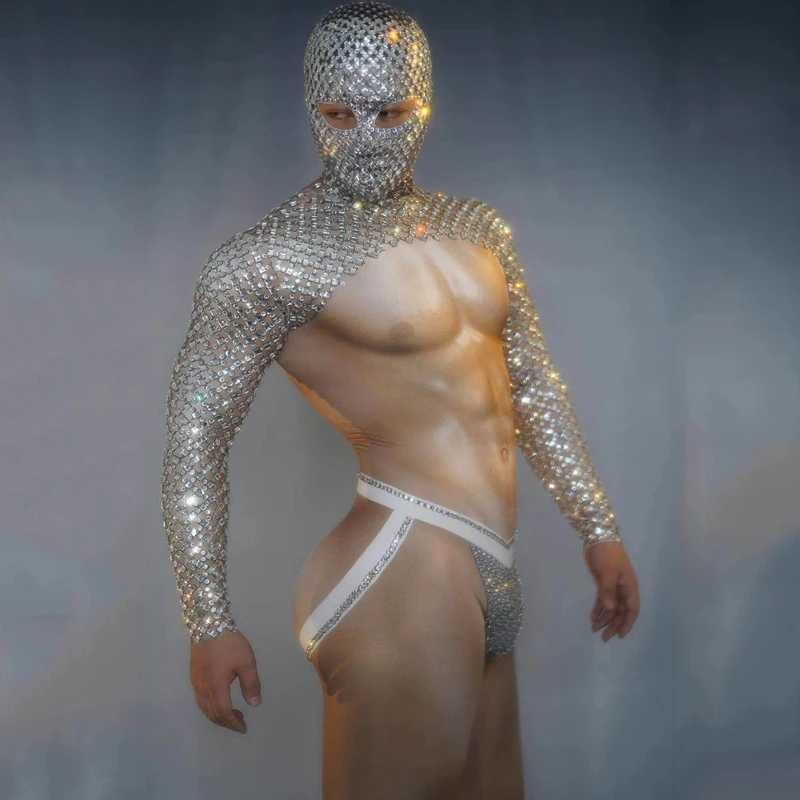 Nightclub Muscle Nude Bodysuit Rhinestone Head Cover Male DJ Gogo Dance Costume For Men Rave Outfit Festival Party Stage Clothes