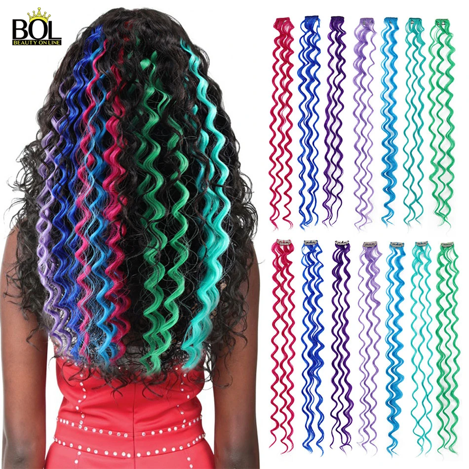 BOL Synthetic Hair Extensions Colored Hair Strands Deep Wave Clip-on Hair Female Rainbow Hair 24Inch10Pieces/Set Heat Resistant