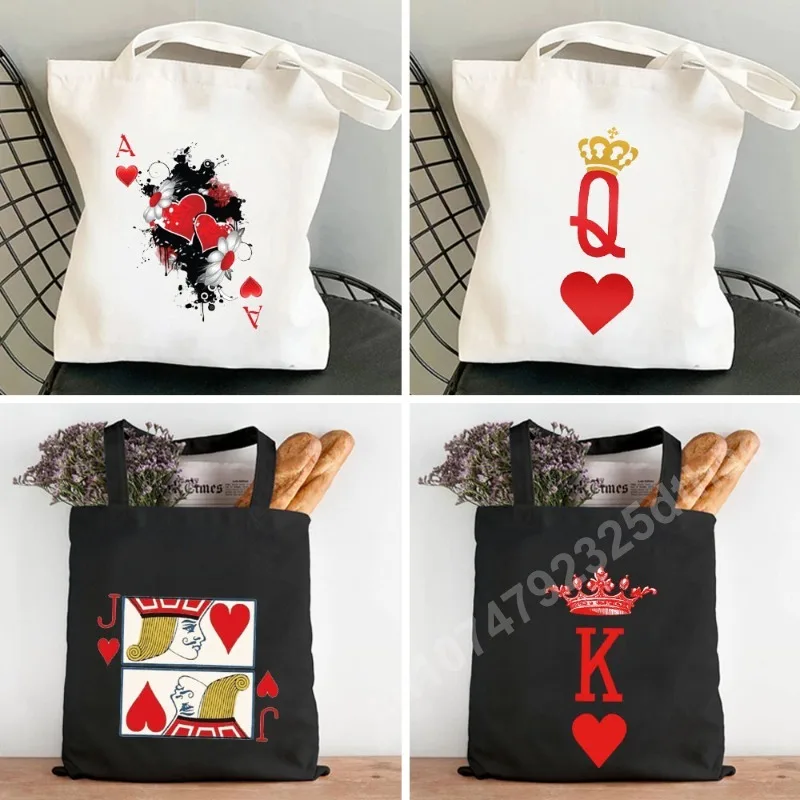 Funny Cute King Queen Shoulder Bag Poker Playing Cards Jack of Hearts Crowned Women Canvas Tote Bags Shopping Cotton Handbags