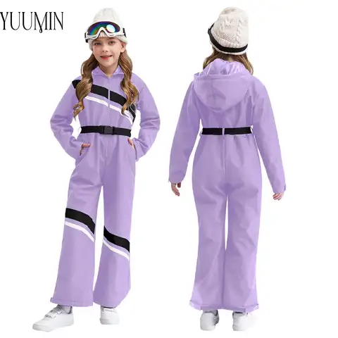 십대 여아 스키복, 긴팔 지퍼 컬러 블록, 후드 점프수트, 벨트 보온, 방수 스키 세트, 풀 바디수트