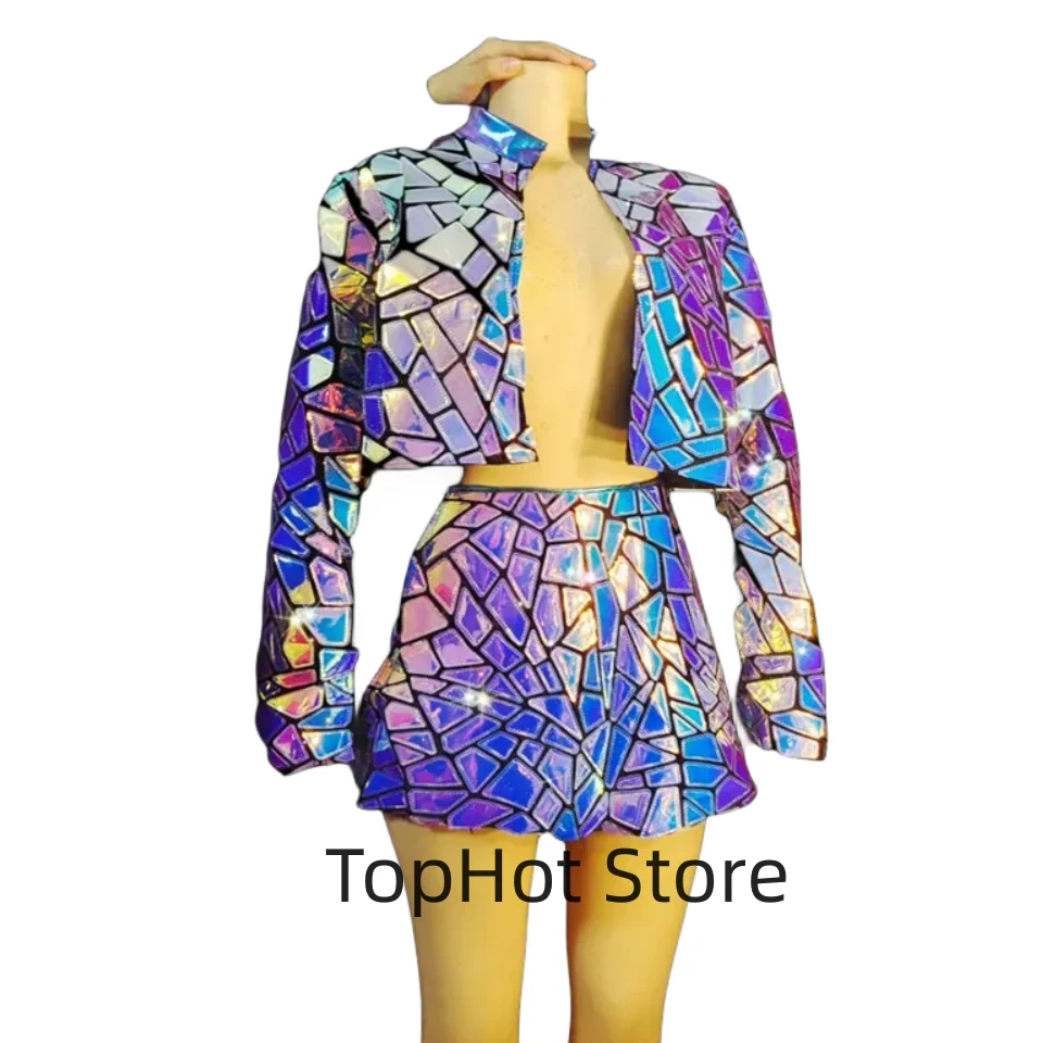 Purple Mirror Nightclub Stage Wear Women Singer Jazz Dance Costume Laser Sequins Jacket Dress Performance Outfit