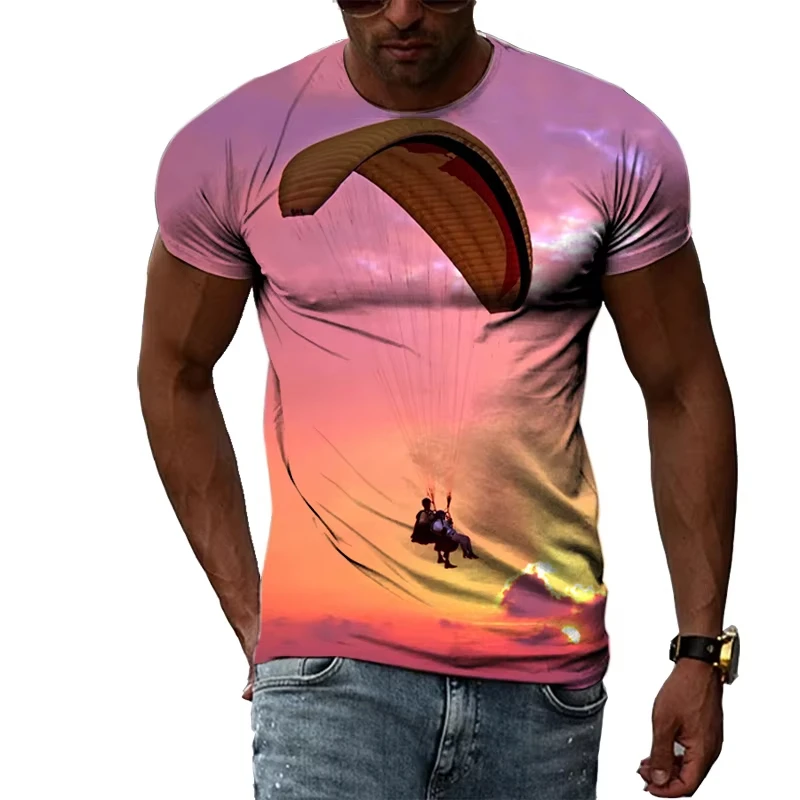 Men 3D Paragliding Extreme Sports Print  Blue  Neck Short Sleeve Casual Breathable Quick-dry Outdoor Adventure Family Kids Tees