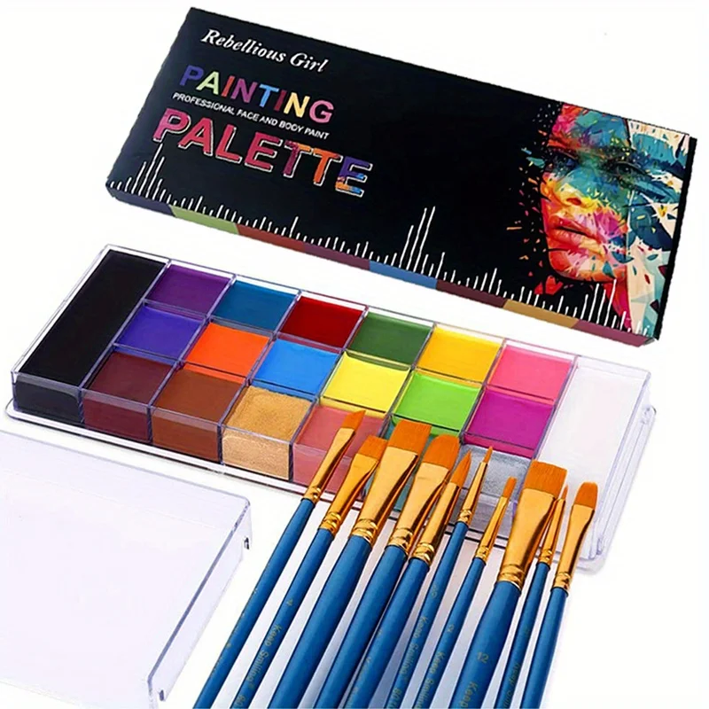 20 Color Professional Face & Body Paint Palette With 10 Brushes,Long Lasting,For Halloween SFX Special Effects & Cosplay Makeup