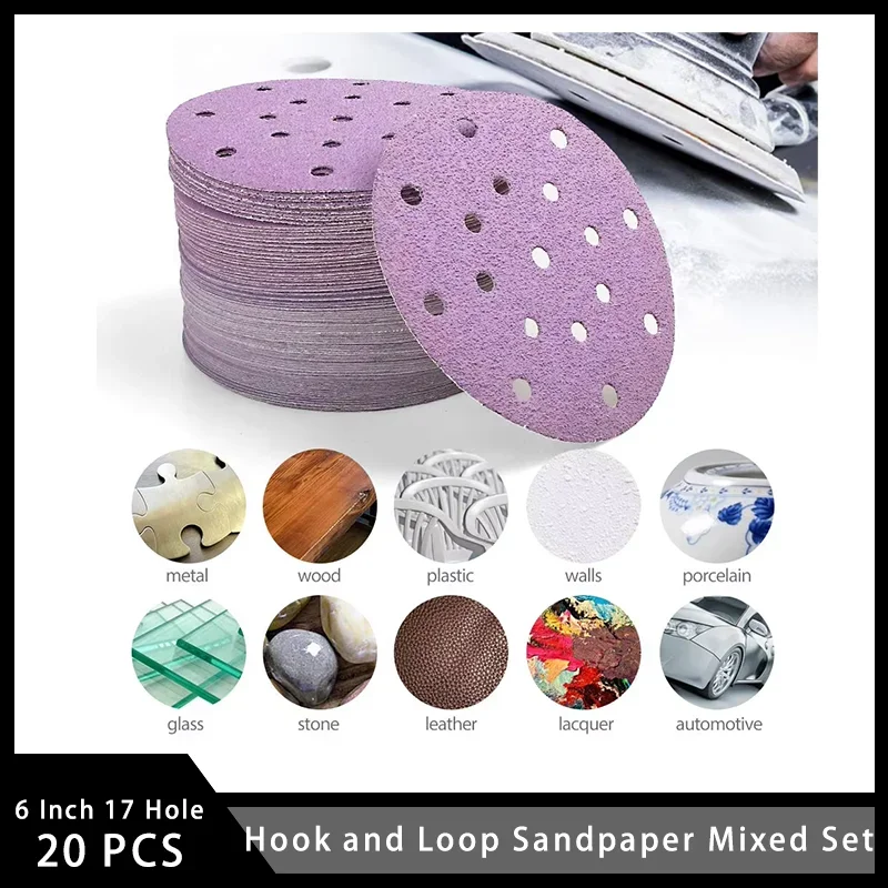 6 Inch 17 Holes Purple Hook and Loop Sandpaer Set Assorted 60-10000 Grits 20 Pcs Wet and Dry Sandpaper for Polishing and Sanding