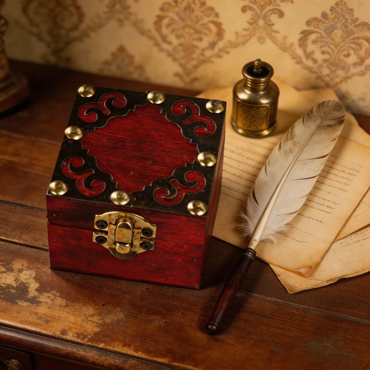 2Pcs Vintage Wooden Storage Box, Retro Red Wood Jewelry Box with Lock, Decorative Treasure Chest for Trinkets, Gifts, Home Decor