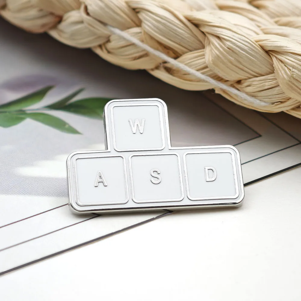WASD Keycap Enamel Pin Retro Computer Button Metal Badge PC Game Player Accessories Lapel Pins Creative Letter Brooch Fans Gift