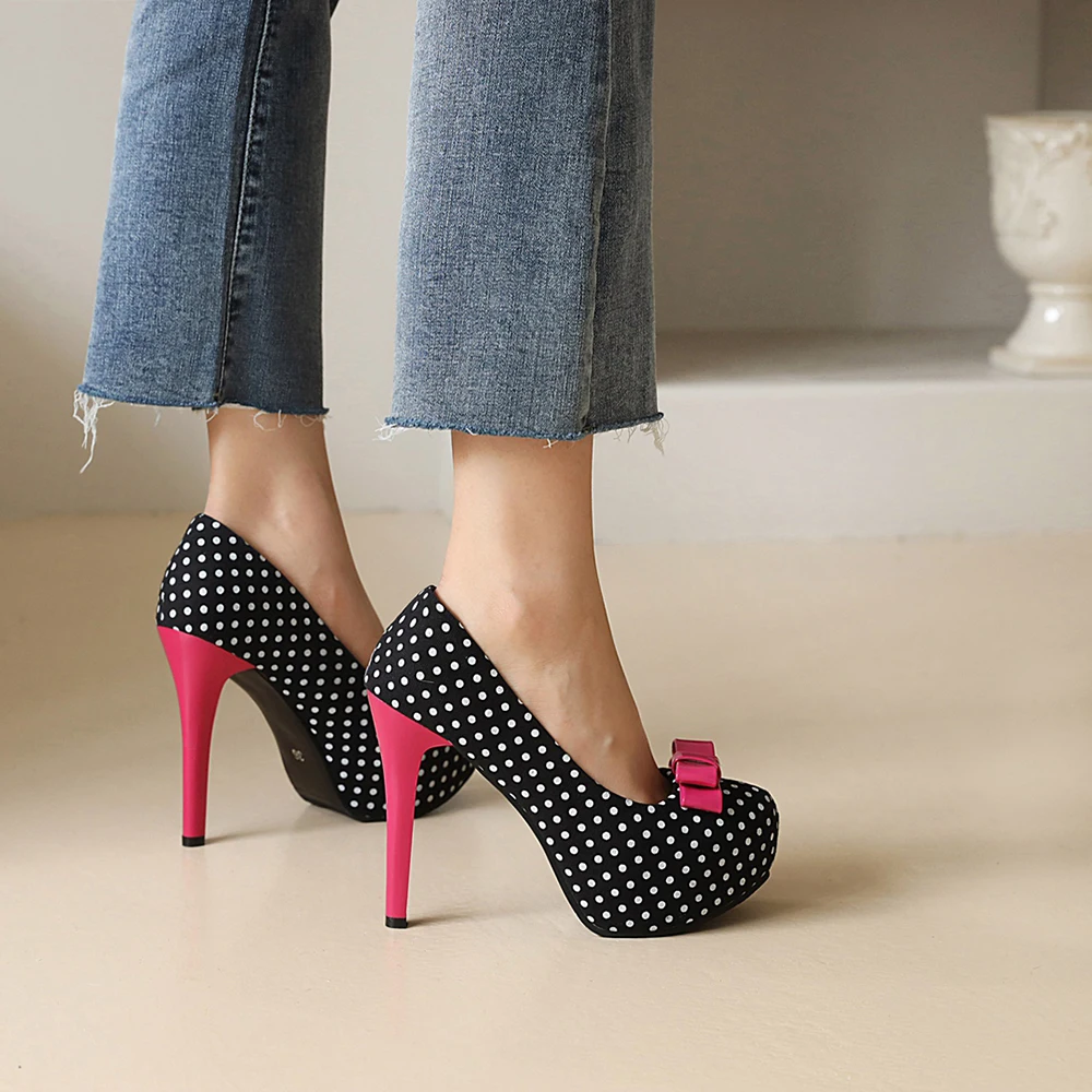 

Sexy Super High Heels Women Platform Pumps Polka dot Bow Party Dress Shoes Woman Elegant Wedding Shoes Female 12cm Stilettos