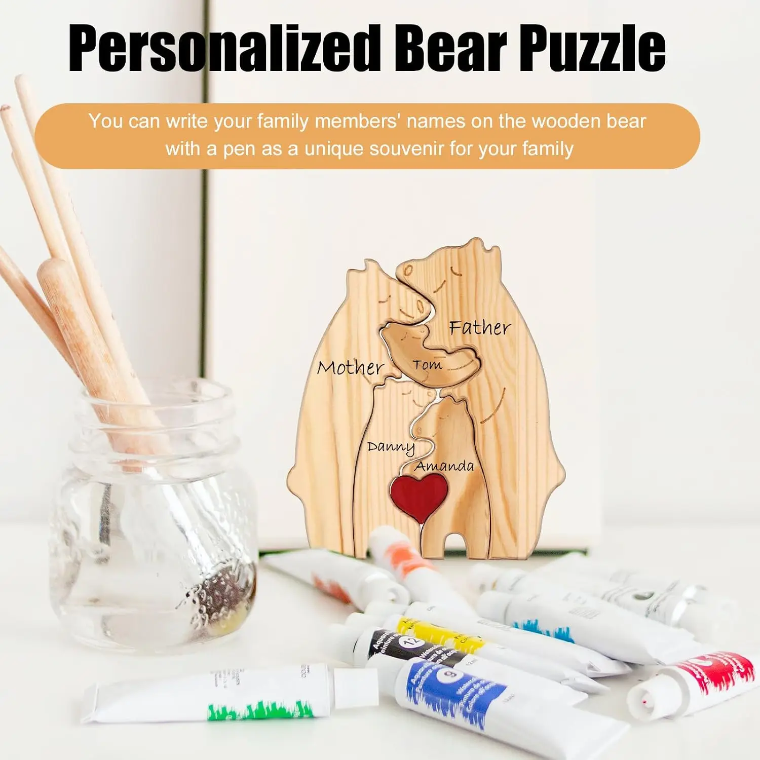 Personalized Bear Family Wooden Art Puzzle Wooden Bear Jigsaw Puzzle Warming Wood Birthday Gifts for Adults Home Decoration