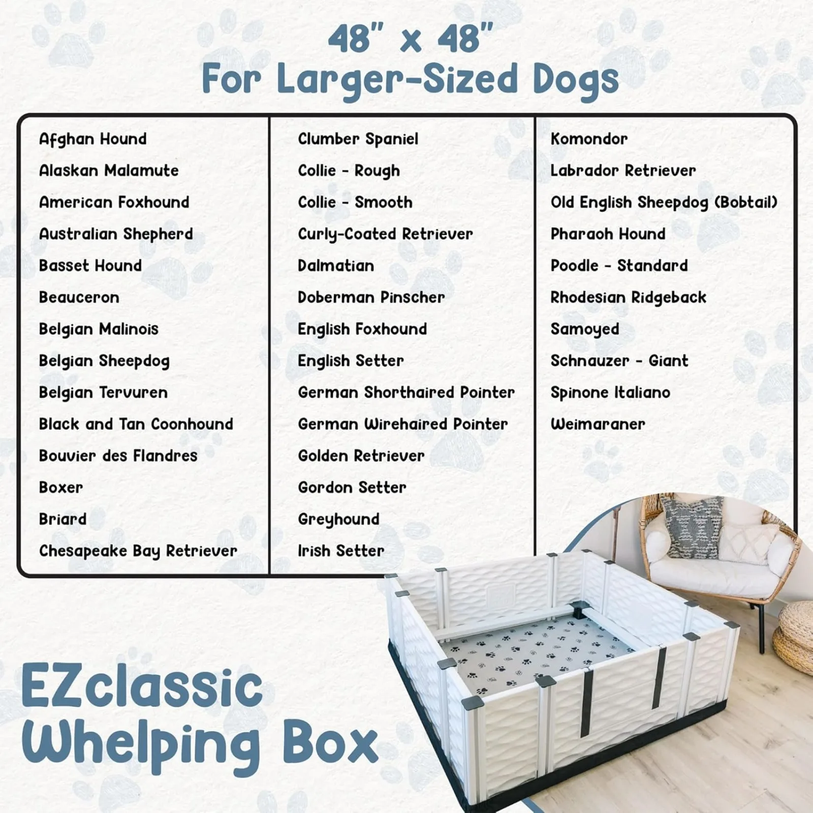 US EZclassic Large Padded Dog Whelping Box with Rails, Puppy Whelping Supplies, 48