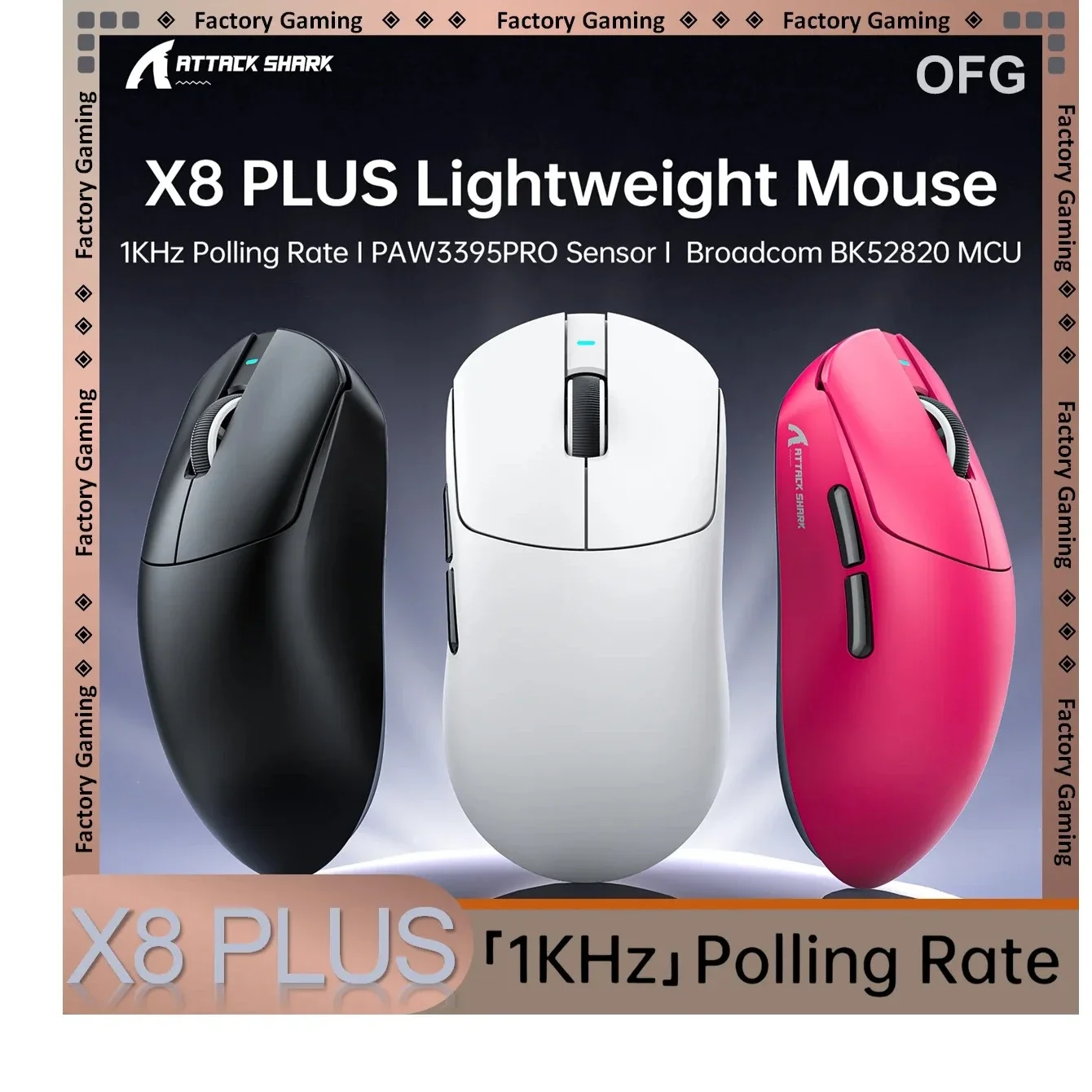 

ATTACK SHARK X8 PLUS PAW3395PRO Wireless Mouse,1KHz High Brush,40KDPI,500mAh Tri-Mode Connection,Programmable Macro Gaming Mouse