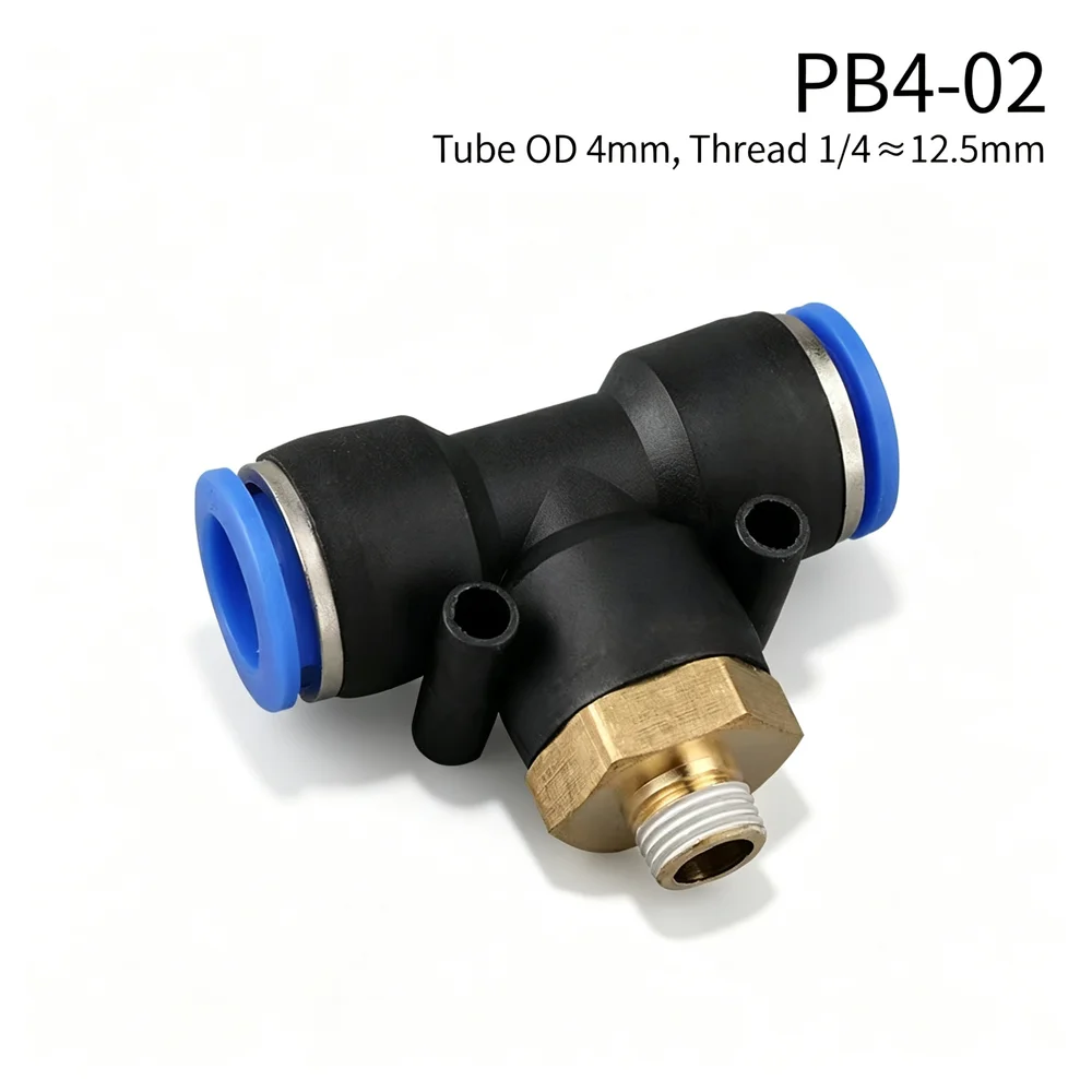 PB Pneumatic T-Type 3 Way Quick Connect Fitting, External Thread Air Hose Joint, Brass PT Thread Push In Air Tube Connector