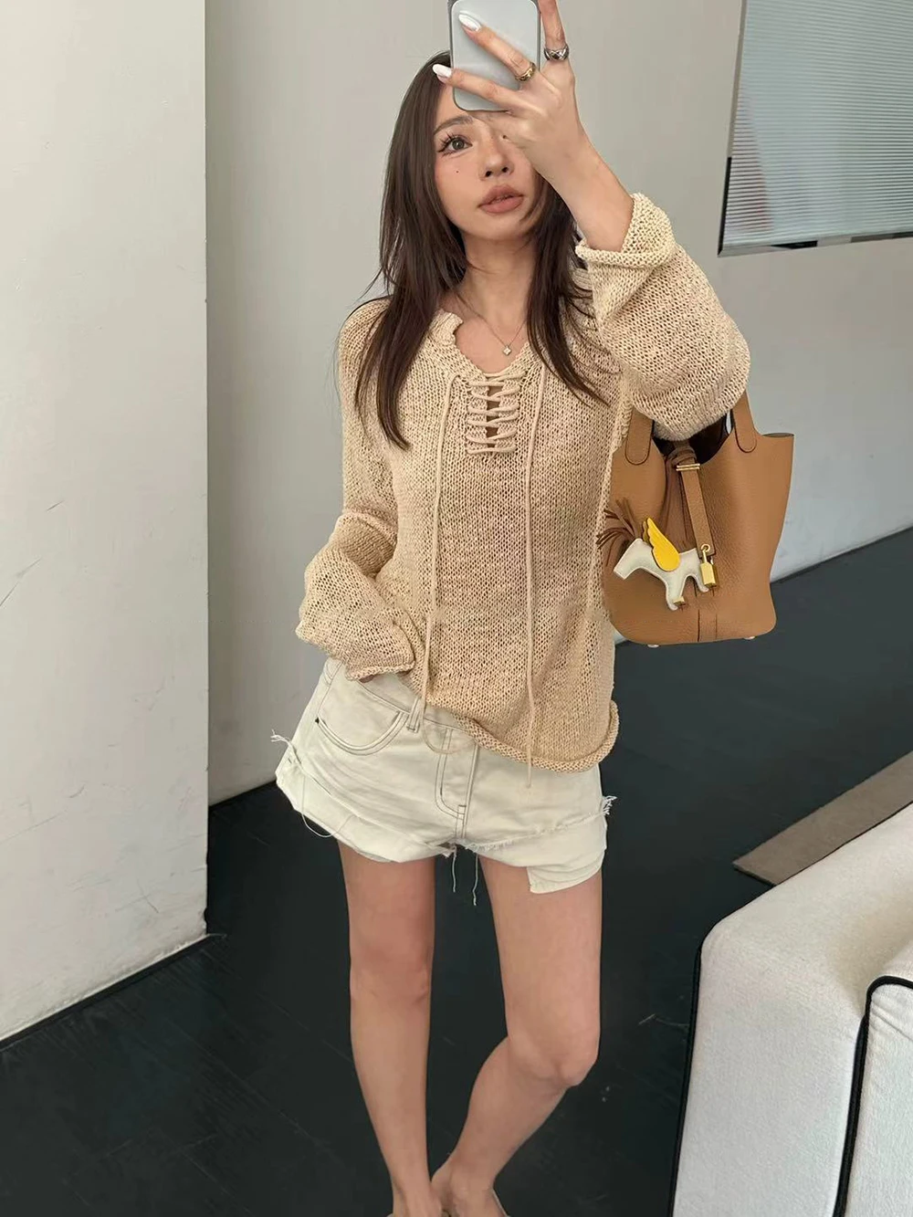 

Свободный вязаный свитер с V-образным вырезом, женская туника с длинным рукавом и поясом, новинка весна-лето, ажурный, в расслабленном стиле, модный