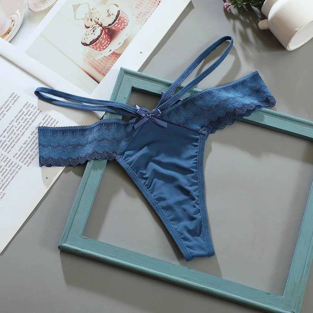 

Fashion Thong Lace Bikini Panties Ice Silk Mesh Underwear for Women Transparent Low Waist Lace Bow Briefs Comfortable