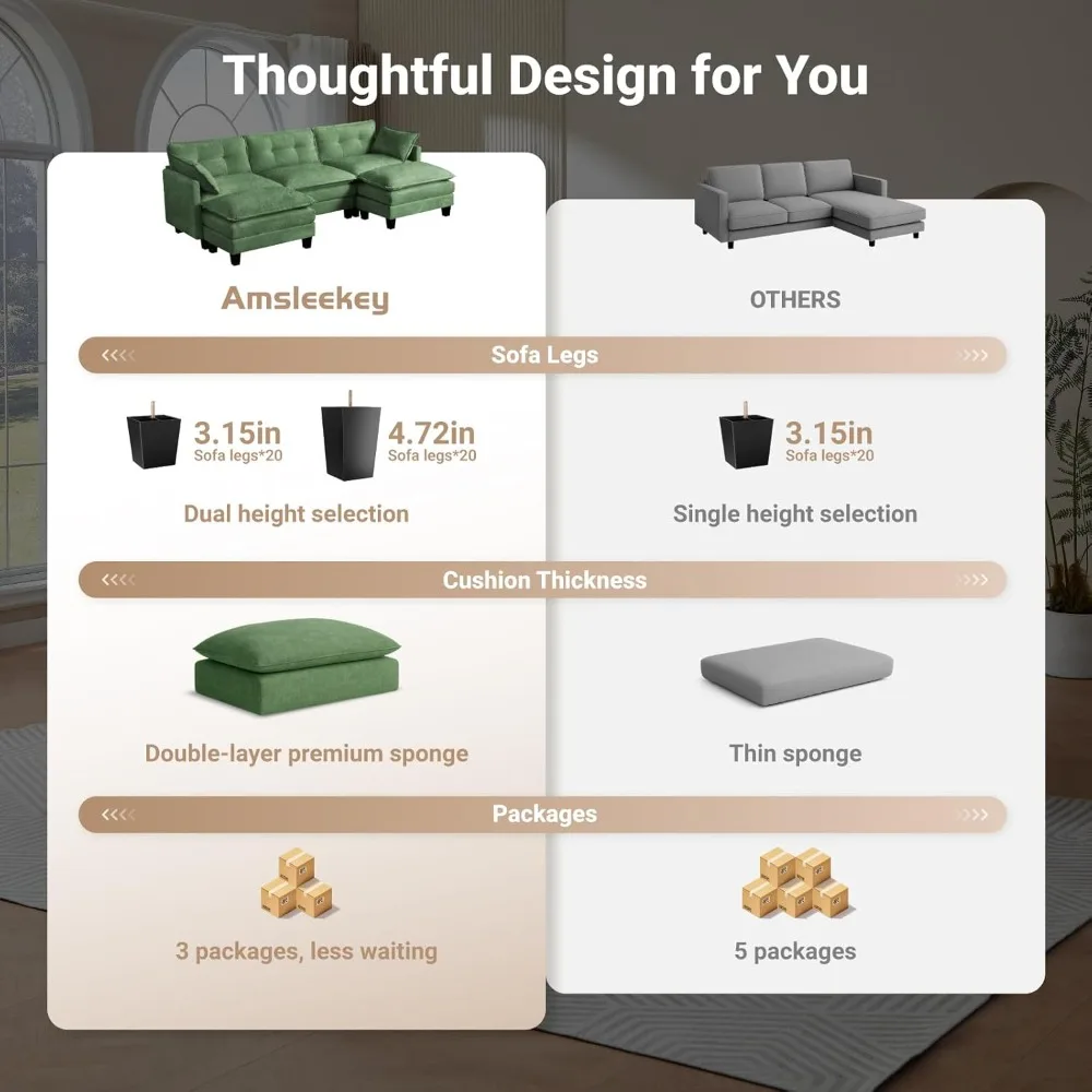 أريكة مقطعية من الشنيل على شكل حرف U، أريكة مريحة بثلاثة مقاعد 111.5 مع مسندين متحركين لغرفة المعيشة