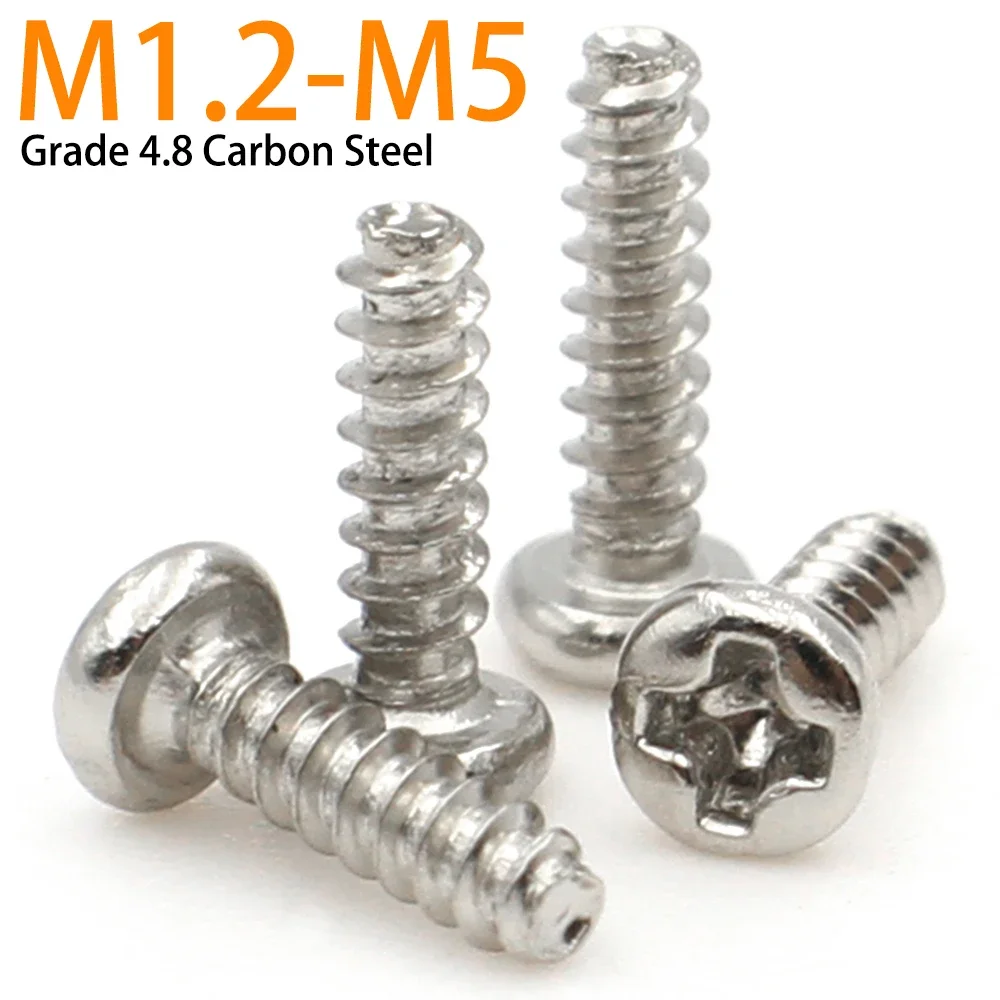 

30/50/100pcs Grade 4.8 Carbon Steel Phillips Cross Recessed Round Head Self-tapping Flat Tail Screws M1.2 M1.7 M2 M2.6 M3 M4 M5