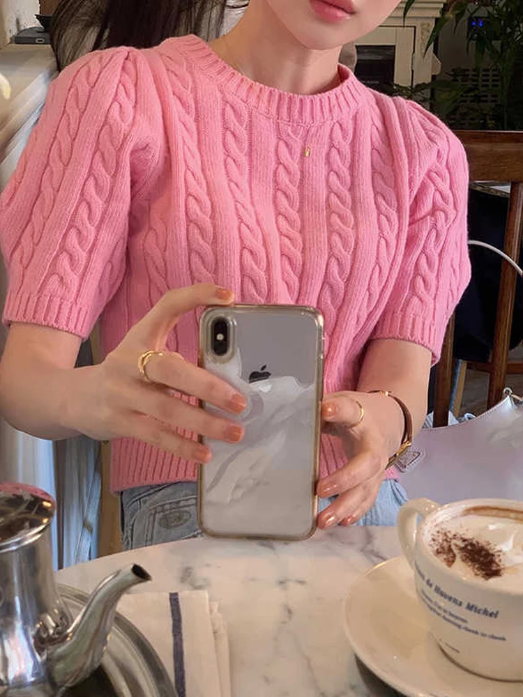 

Korean Style round Neck Short Sleeve Sweater Women's Fashion Slim Fit Short Length Inner Wear Knitted Top Spring Autumn Winter