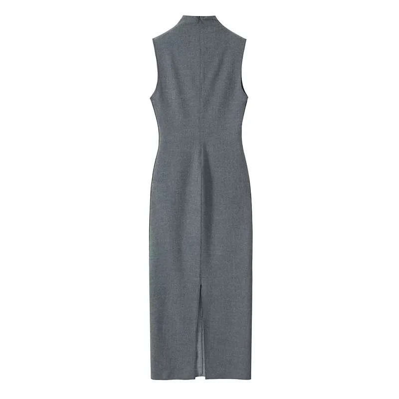 TRAF 2023 Grey Long Dresses For Women Sleeveless Bodycon Dress Women Turtleneck Elegant Party Dresses Woman Casual Pencil Dress