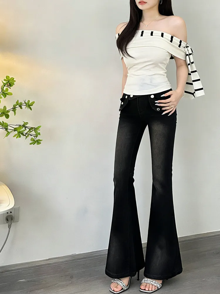กางเกงยีนส์ทรงขาบานสีดำสำหรับผู้หญิง ฤดูใบไม้ร่วงและฤดูหนาว ปี 2025 ผ้าฟลีซหนา เอวสูง ดีไซน์หัวเข็มขัด