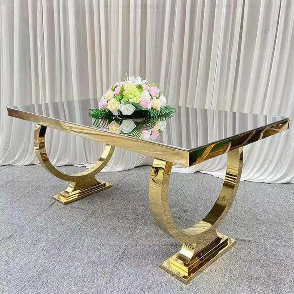 

FSDKX Metal Frame Glass Mirror Top Stainless Steel Rectangular Outdoor Wedding Hotel Table