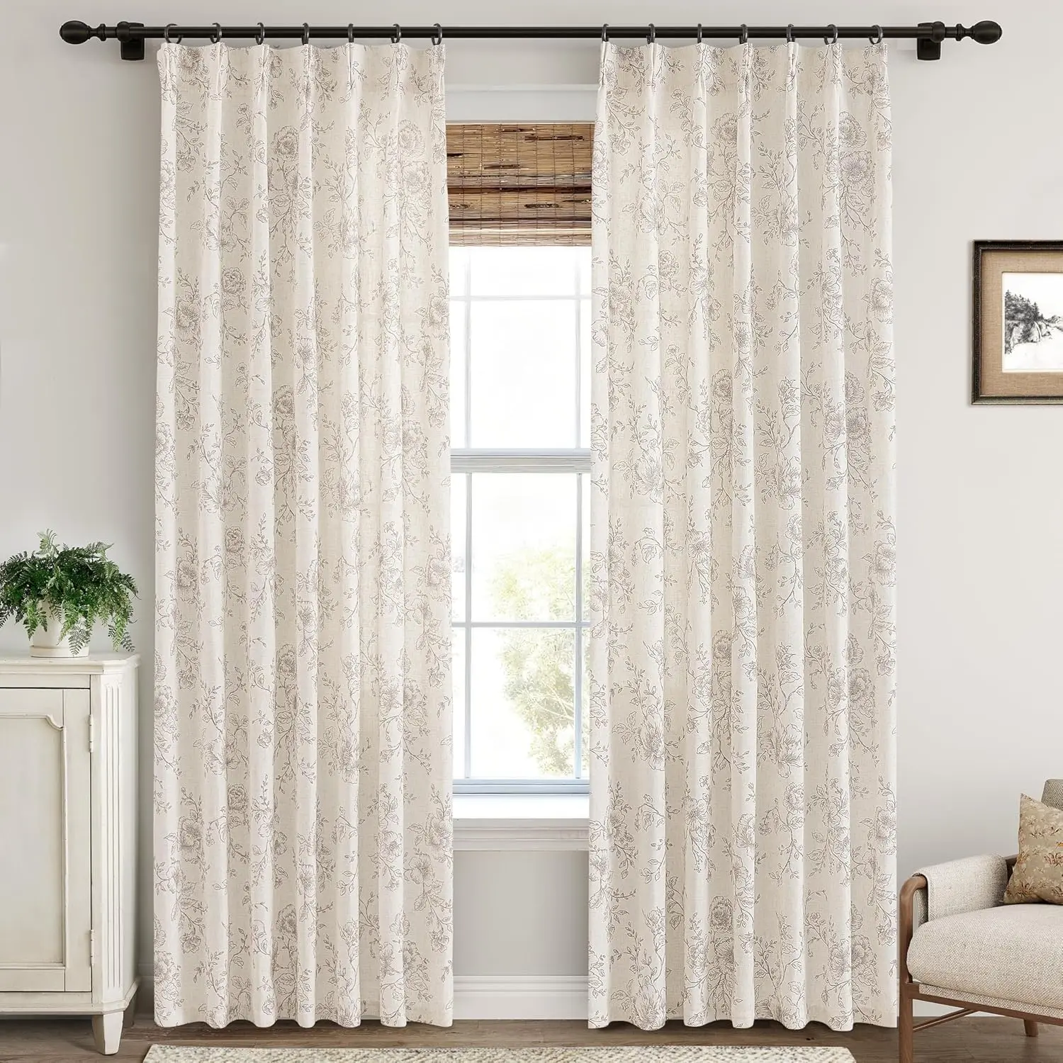 

Pinch Pleat Floral Linen Curtains 102 inch Long Coffee and Cream Memory Trained Curtain Light Filtering Living Room Farm