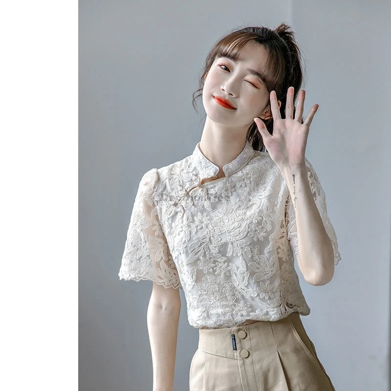 2024 summer new short sleeved lace top improved chinese style retro embroidery qipao top fashion design sense versatile blouse