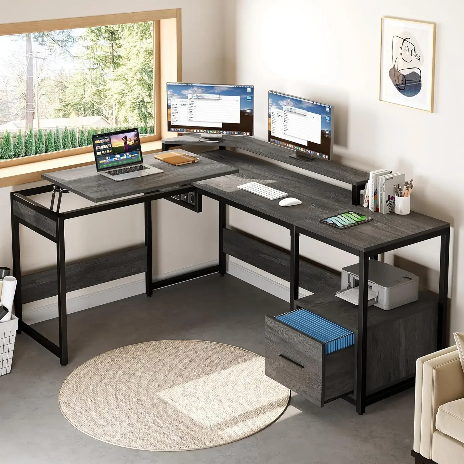 

L Shaped Desk with Lift Top, 65" Adjustable Standing Desk with File Drawer, Corner Computer Desk with Storage Shelves