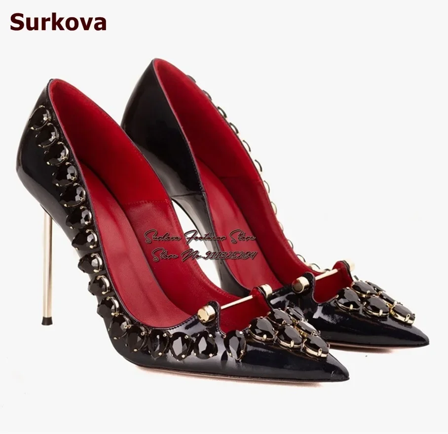 

Surkova Black Patent Leather Golden Metal Stiletto Heel Dress Shoes Glitter Big Gem Crystal Wedding Pumps Jewelry Studded Shoes