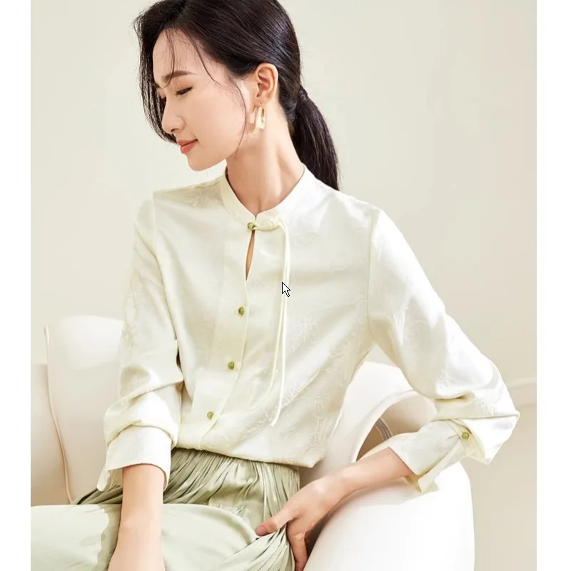 

New Chinese Style Button Up Stand Up Collar Shirt for Women's Spring and Autumn 2024 Jacquard Long Sleeved Shirt Female Clothes