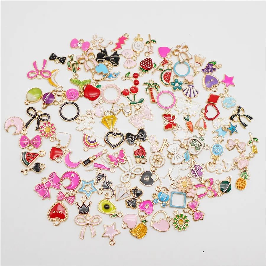 100pcs Mix Enamel Alloy Charms Heart Moon Star Bowknot Pendant Multicolor Accessories For Jewelry Making DIY Crafts Gifts 5-20mm