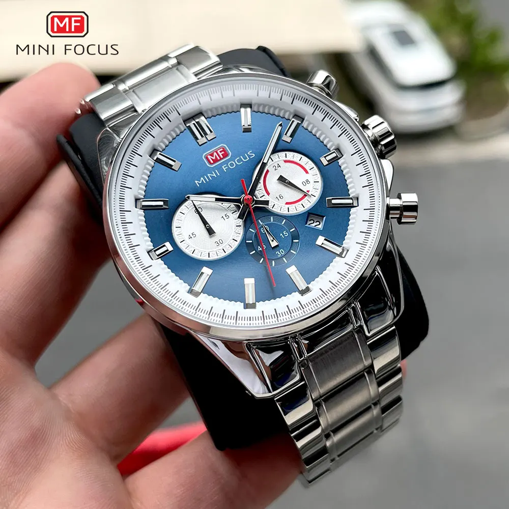 MINI FOCUS Chronograph Quartz Watch Men Silver Blue Waterproof Luminous Dress Wristwatch with Date Stainless Steel Strap 0469