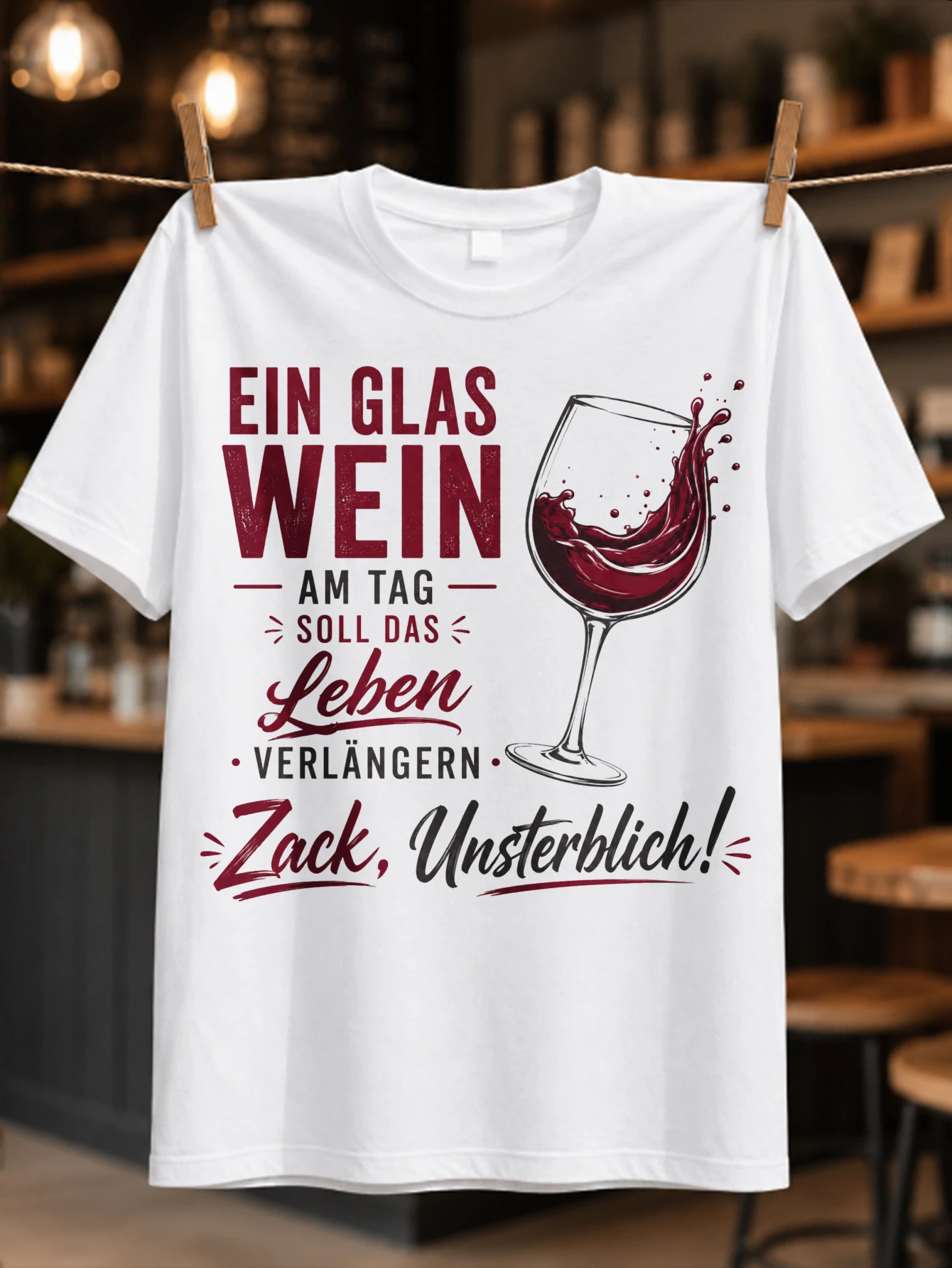 Футболка унисекс с принтом «Ein Glas Wein Am Tag Zack Unsterblich»: большое наклоненное бокалообразное стекло для красного вина с ярким бордовым эффектом потертости.