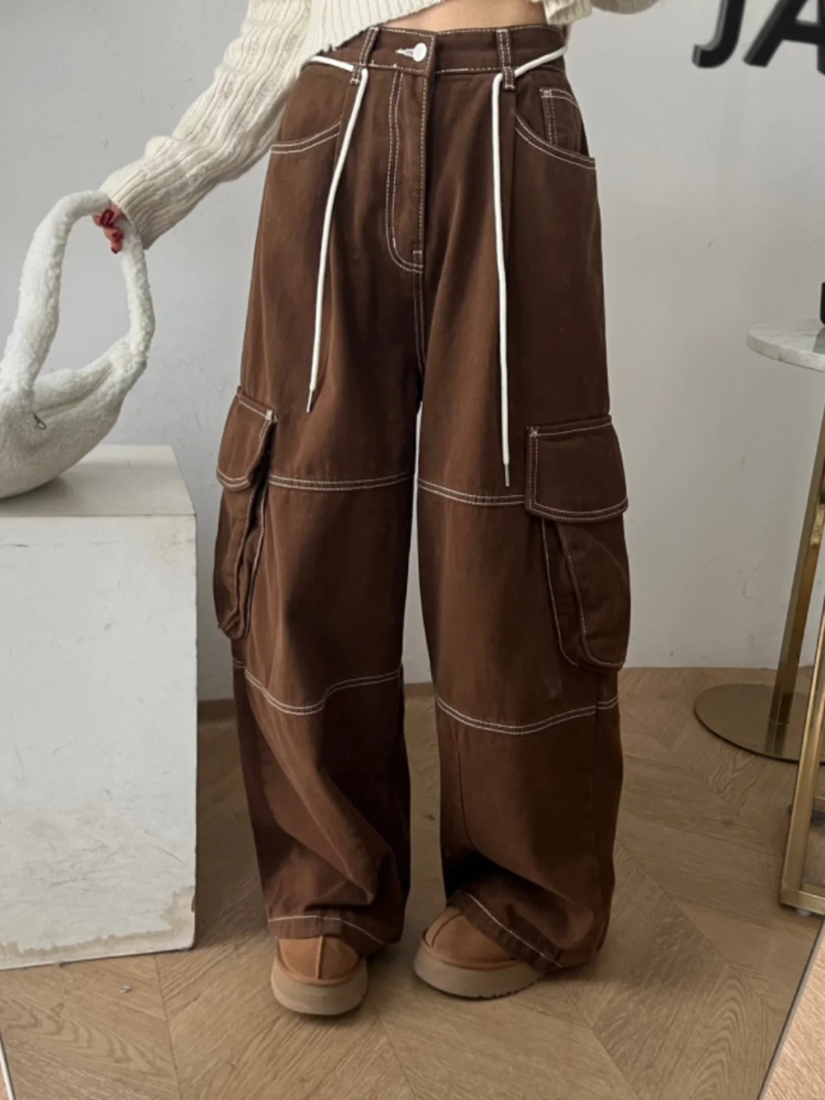 

Новые женские свободные прямые широкие брюки, модные повседневные длинные брюки с высокой талией, корейские брюки для поездок на работу, Wind ket De...