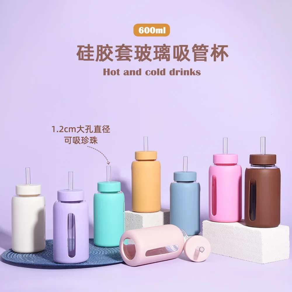 600ml Large Capacity Single-layer Glass Water Bottle with Silicone Sleeve,Time Scale And Straw,Drinkware,Portable Outdoor Cup