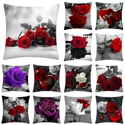 Red Rose Flower Print Pattern Cushion Cover Home Living Room Sofa Decoration Square Polyester Pillow