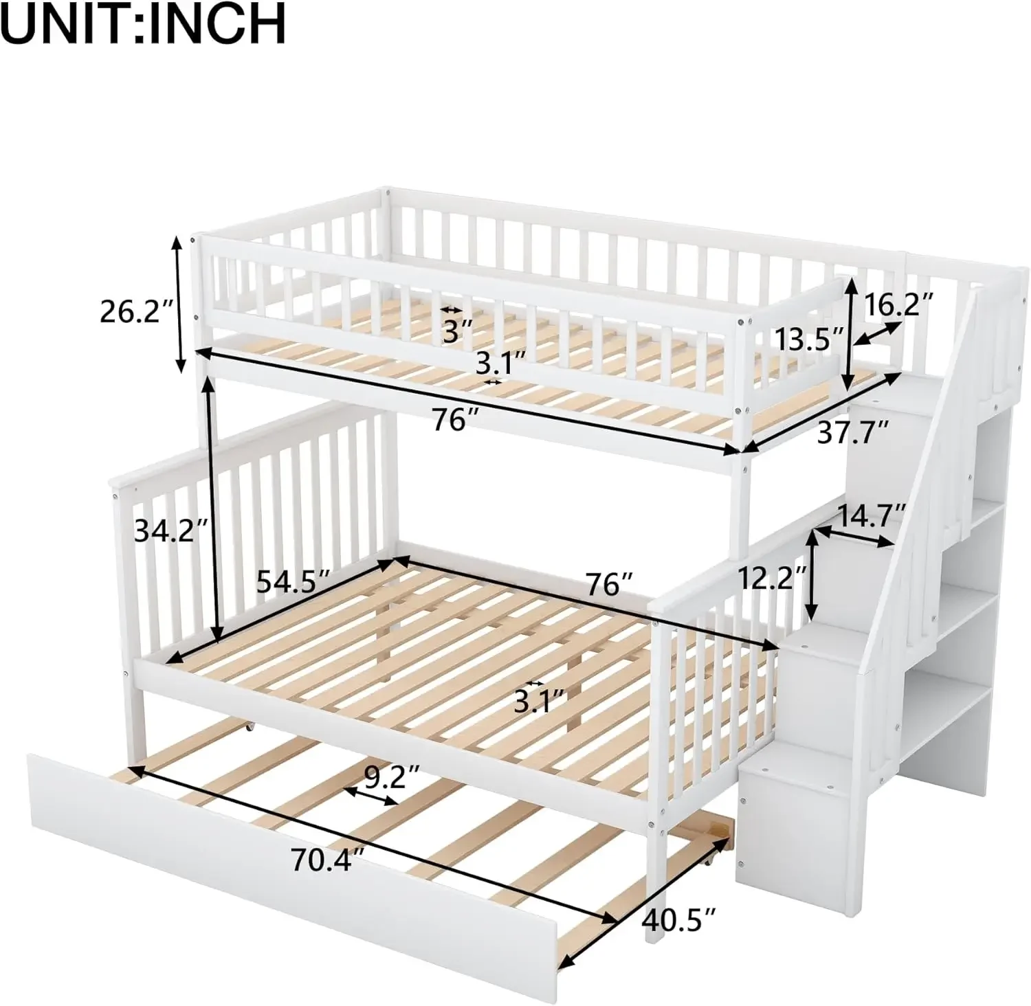 Bunk Bed Twin Over Full with Trundle Wood Bunk Bed Frame with Storage Staircase and Storage Shelves Teens No Spring Box Needed