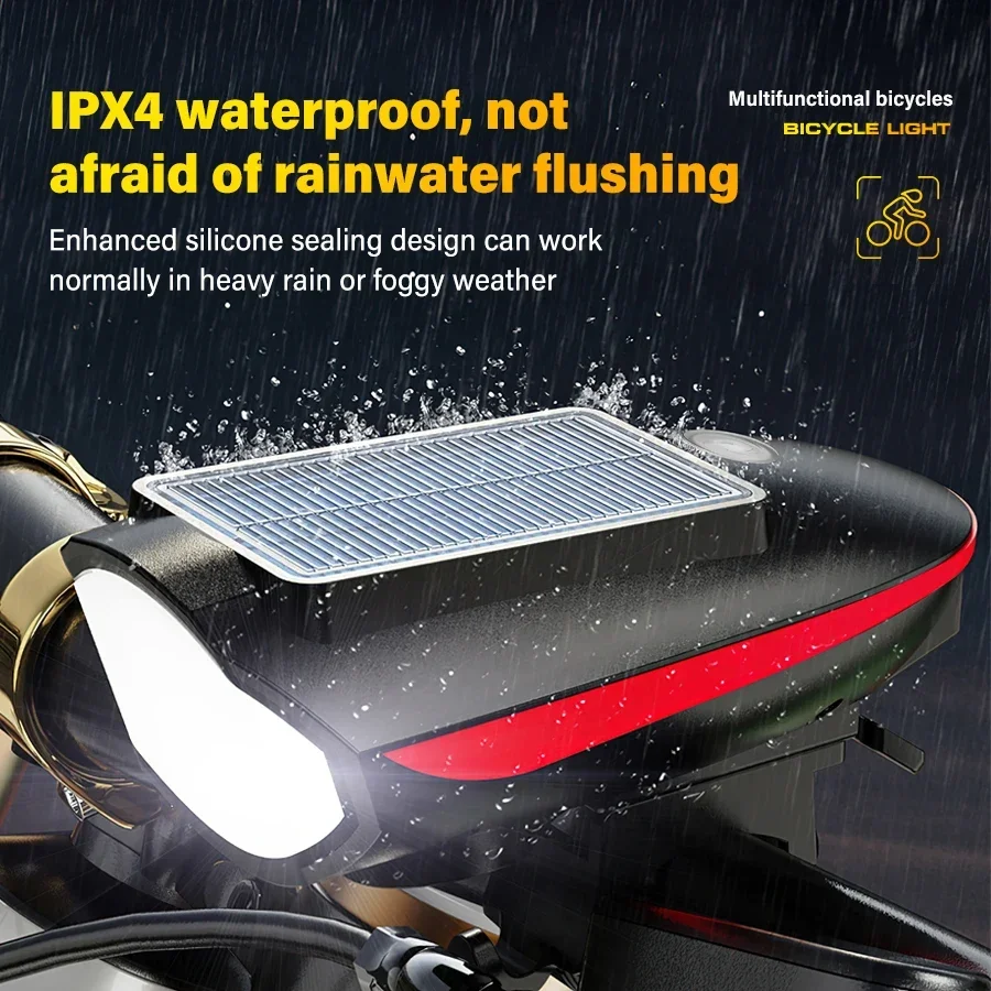 Solar Power Bike Light Waterproof Bicycle Headlight With 120 Decibel Horn High Brightness 80 Meters Visible Floodlight Range USB