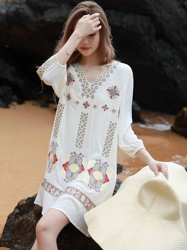 KHALEE YOSE Boho Floral Embroidery Summer Dress White Long Sleeve V-neck Loose Women Vocation Ladies Party Dresses Vestidos New