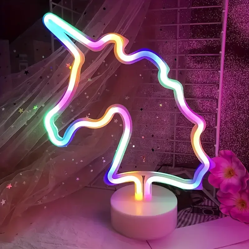 Unicorn Neon Light Sign with Holder Base, Battery or USB Powered LED Neon Lights Palm Tree Design for Home Decor 017