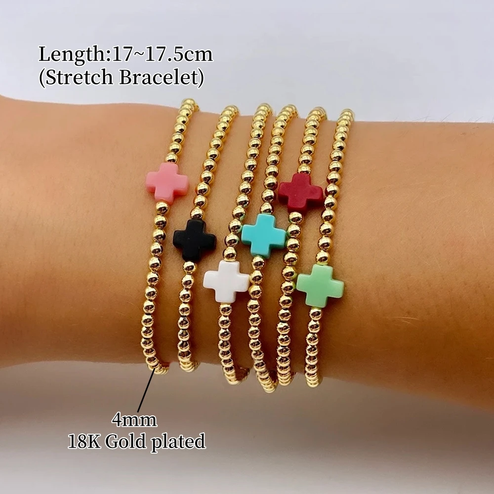 Vlen Kreuz-Charm-Armband für Frauen, stapelbarer Boho-Schmuck, wasserdicht, 18K vergoldet, Perlenarmband, verstellbar, Sommer-Strand-Geschenk – Detail 2