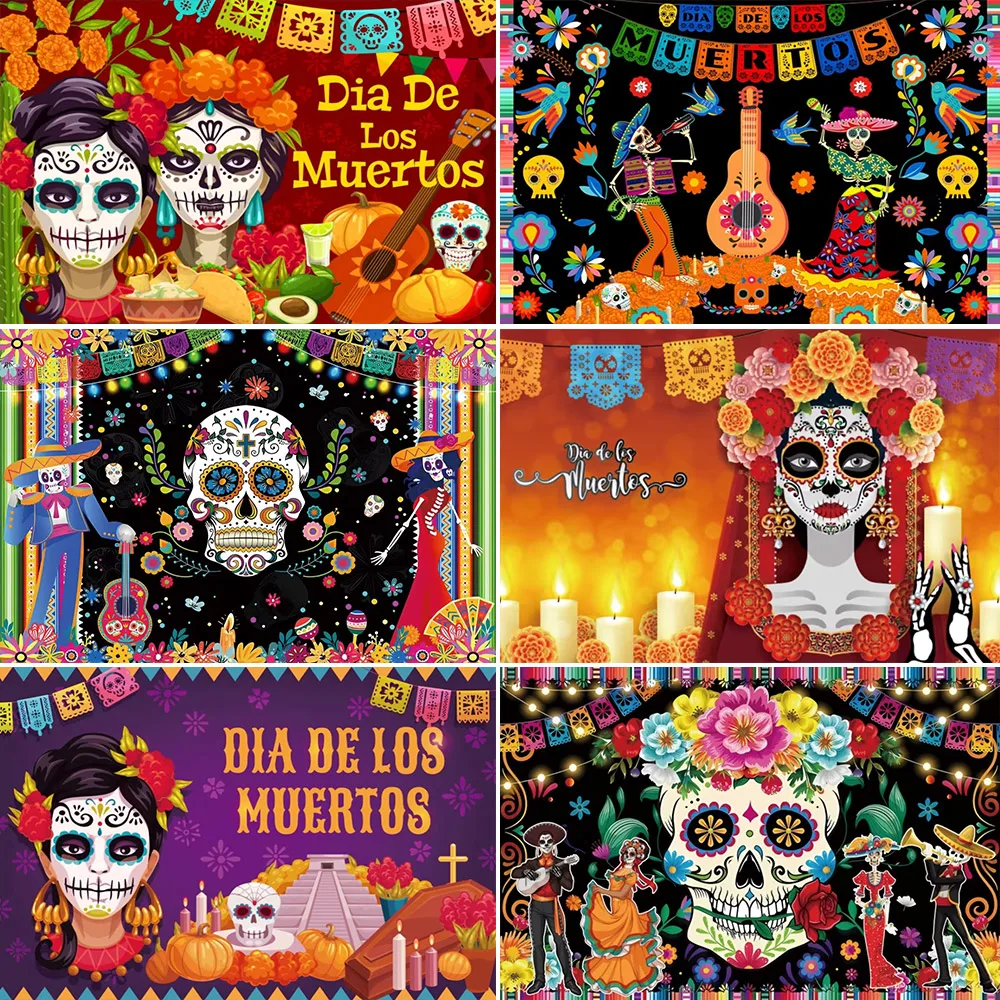 Day of The Dead Party Gathering Backdrop Mexican Dia DE Los Muertos Background Fiesta Sugar Skull Altar Photography Props