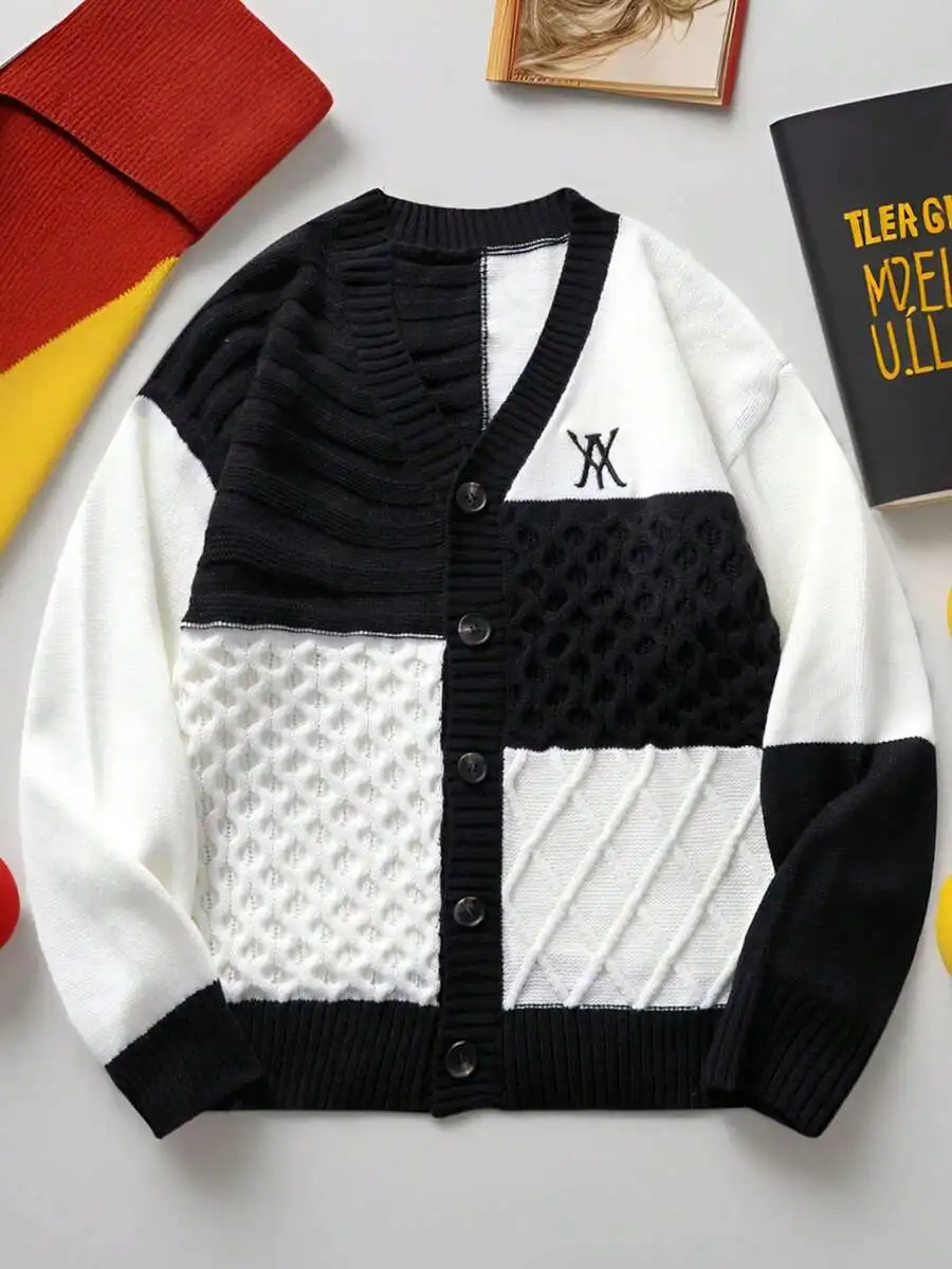 

Мужской вязаный кардиган с контрастными цветными вставками, повседневный свитер с длинными рукавами и однобортной застежкой