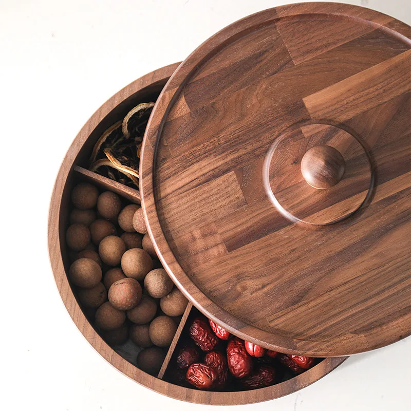 Walnut solid wood round rotating nut box multi-grid storage dried fruit box holiday candy box Chinese handmade wooden box