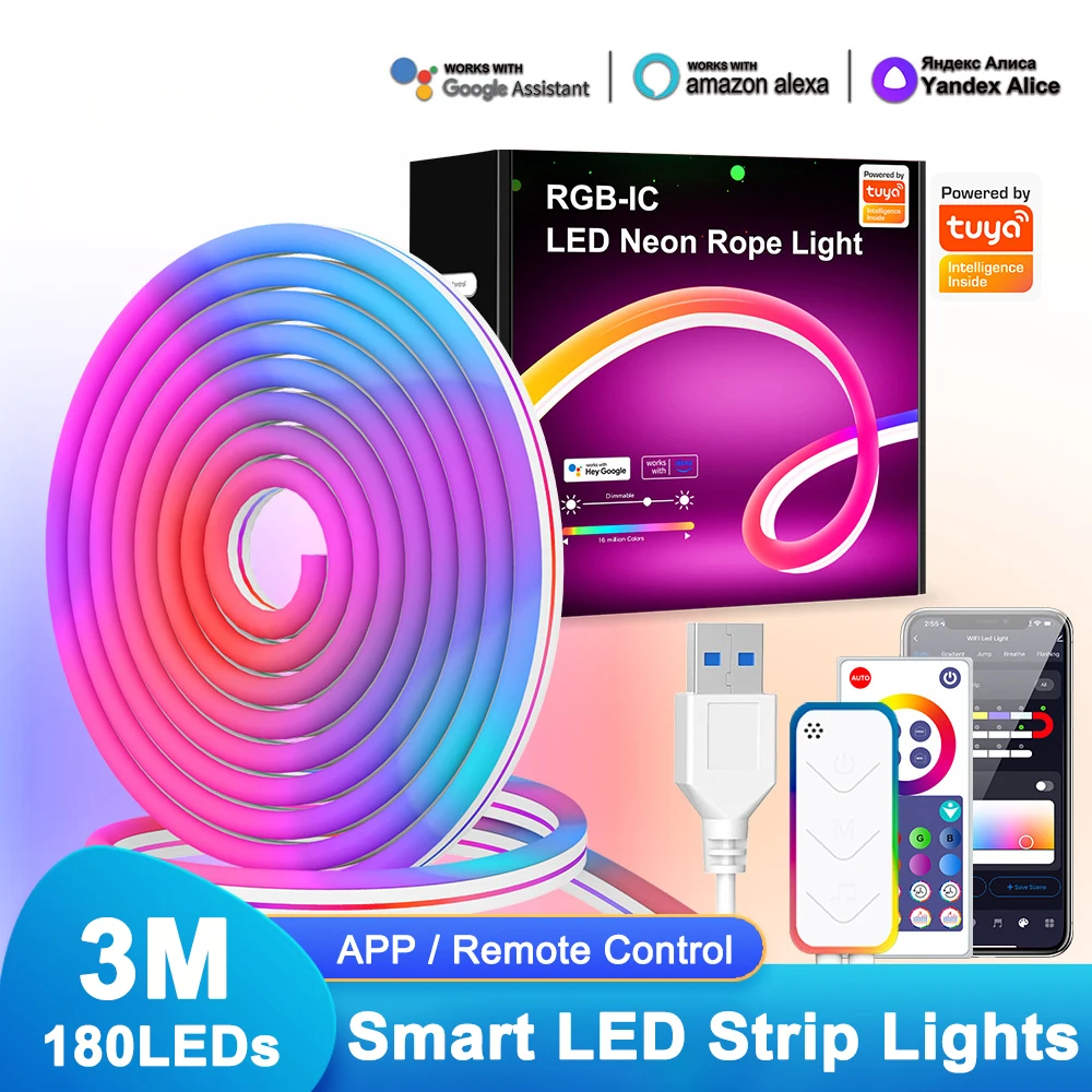 

3M Tuya WIFI Smart LED Strip Lights RGBIC Neon Rope Light APP Remote Control Music Sync Lamp Home Decor Work with Alexa Google