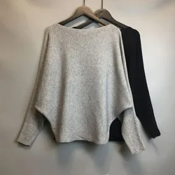 Nuovo maglione da pipistrello con collo a una linea da donna Pullover lavorato a maglia sciolto e semplice stile pendolarismo OL manica lunga tinta unita