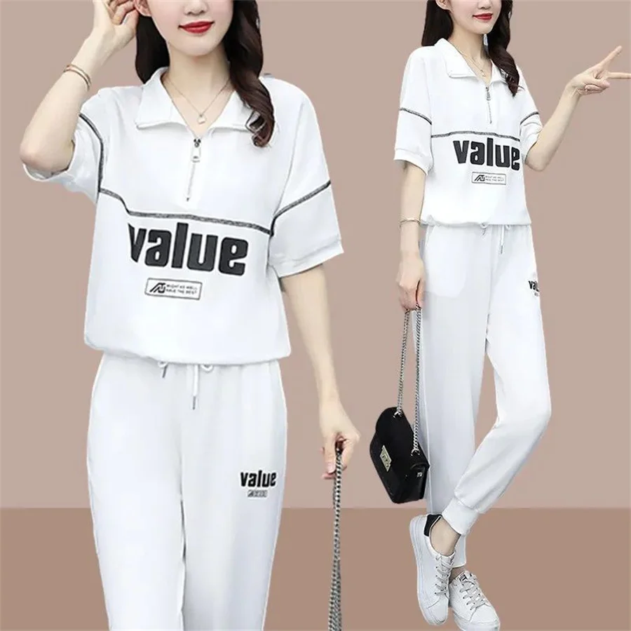 Fashion Summer Women Sets Casual Female Sportswear Suit Printed Short Sleeve Tshirts+ Pants Two-piece Set S-4XL