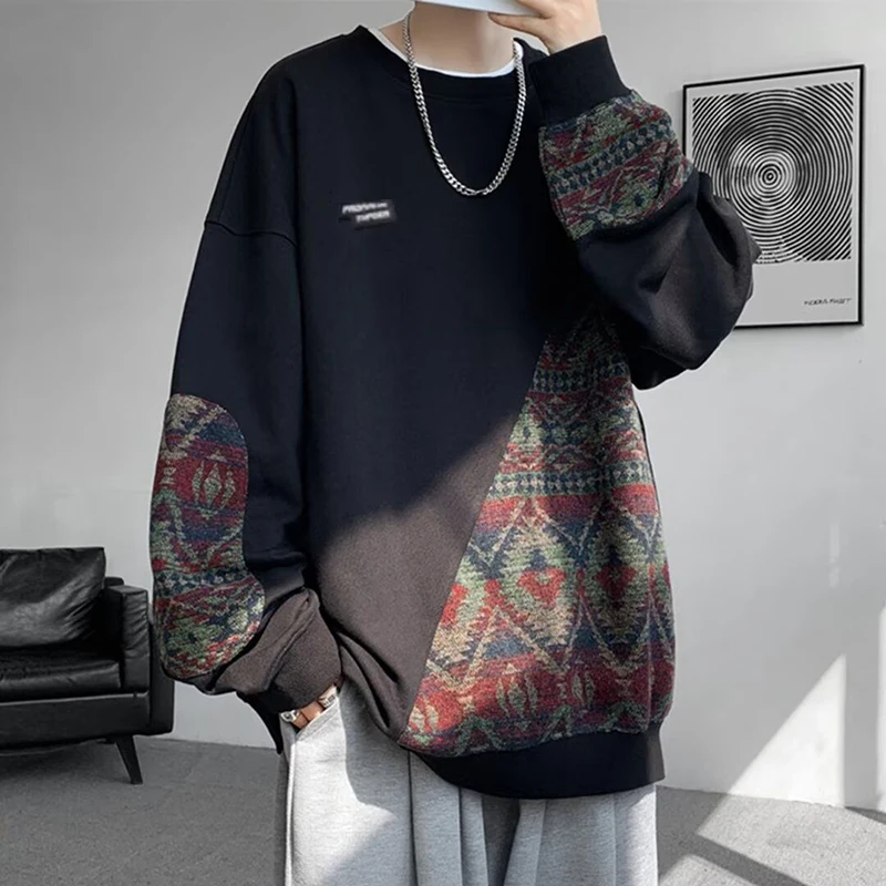 Vintage Nationality Print Spliced Men O Neck Long Sleeve Sweatshirt Autumn Winter Fashion Harajuku Casual 2xl Oversized Pullover