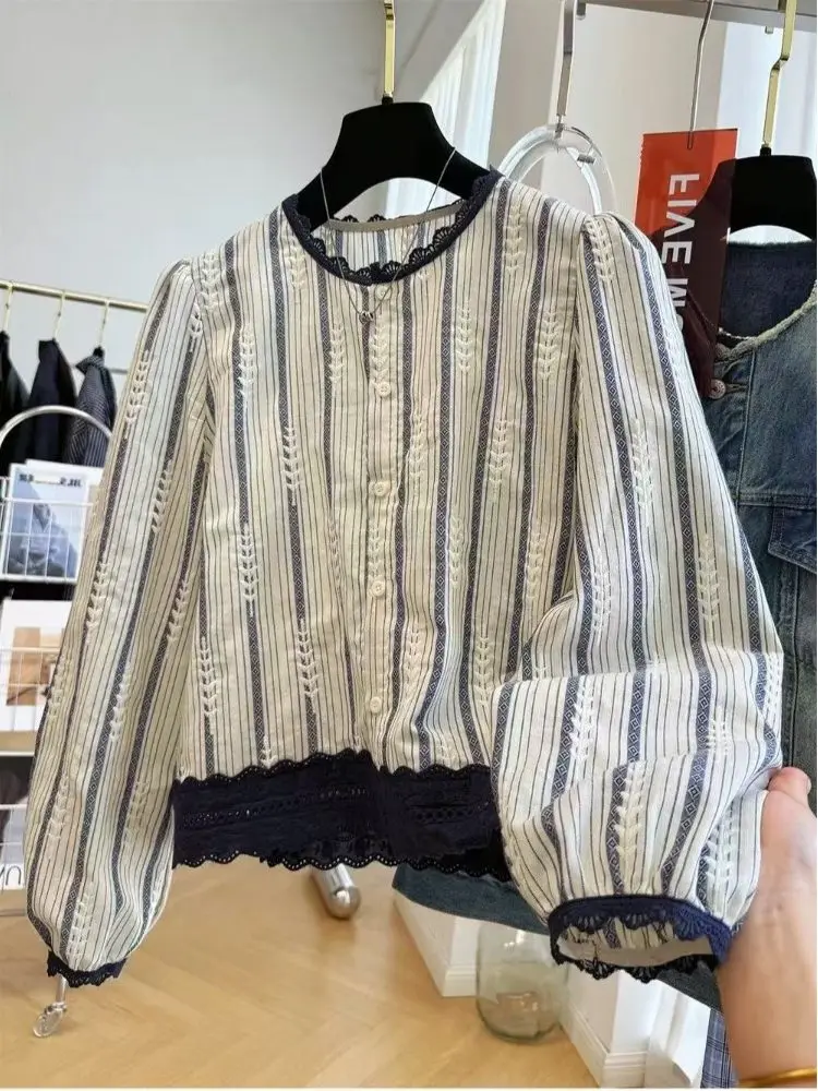 

Свободная кружевная блузка с длинными рукавами, на одной пуговице, укороченная, с цветочным декором, в японском стиле, дышащая, из чистого хлопка, весенняя, морская тематика.